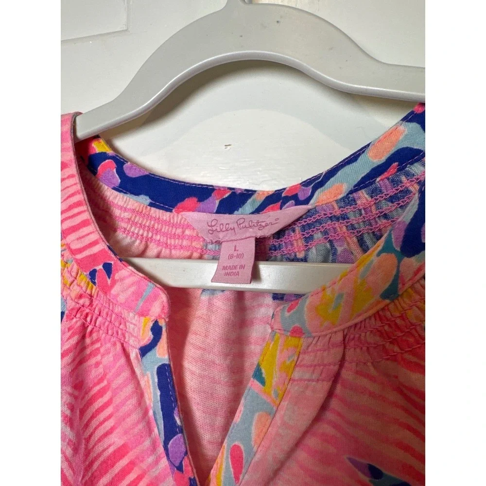 Lilly‎ Pulitzer Kids Pink Blue Tropical Palm Print Cotton Shift Dress Large 8-10
